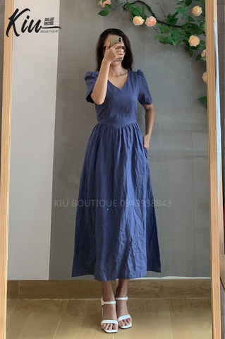 Đầm cổ V tay ngắn xanh bút chì