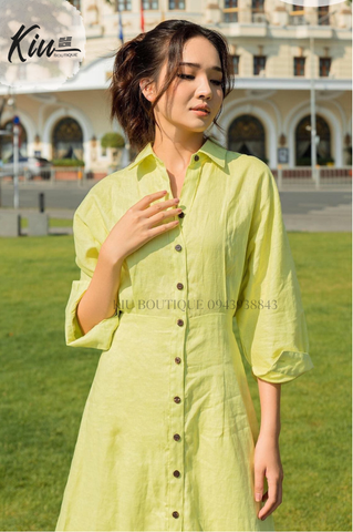 Đầm Sơ Mi Đuôi Tôm (Xanh)  Linen Tưng (Lanh) Thời Trang KiuBoutique