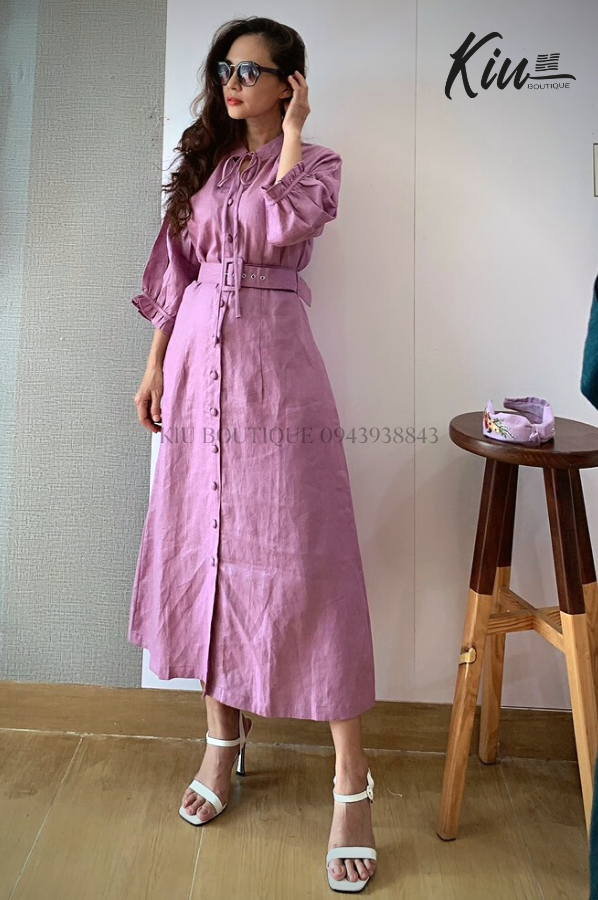 Đầm Nút Tay Lỡ Tím - Vải linen, form regular fit - Thời Trang Kiu Boutique