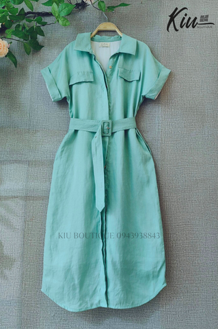 Đầm Sơ Mi Đuôi Tôm Xanh Ngọc - Vải linen, form regular fit - Thời Trang Kiu Boutique