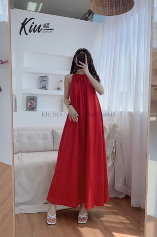 Đầm Yếm Đỏ - Vải linen, form regular fit - Thời Trang Kiu Boutique