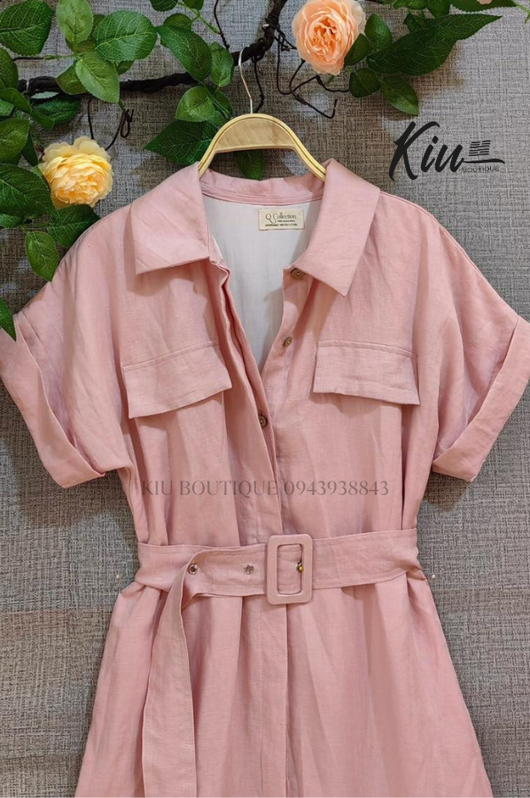 Đầm Sơ Mi Đuôi Tôm Hồng Nhạt - Vải linen, form regular fit - Thời Trang Kiu Boutique