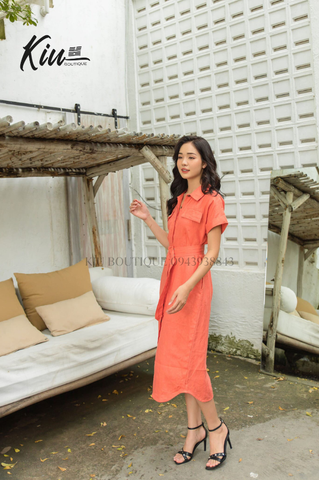 Đầm Sơ Mi Đuôi Tôm Cam Cà rốt - Vải linen, form regular fit - Thời Trang Kiu Boutique