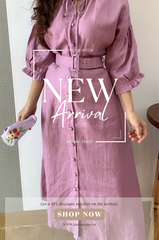 Đầm Nút Tay Lỡ Tím - Vải linen, form regular fit - Thời Trang Kiu Boutique