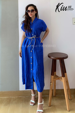 Đầm sơ mi tay ngắn xanh coban