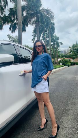 Áo thun tron thể thao form rộng tay lỡ cổ tròn  2 chiều - Xanh dương