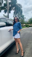 Áo thun tron thể thao form rộng tay lỡ cổ tròn  2 chiều - Xanh dương