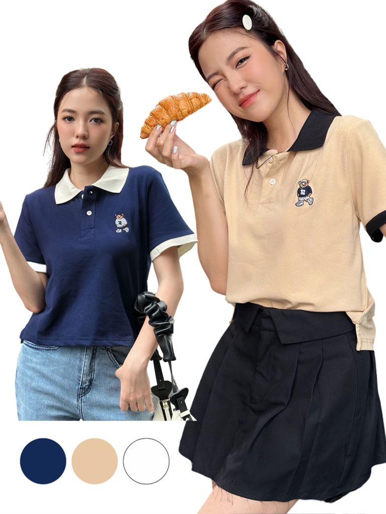 Áo Thun Cổ Polo Phối Màu Thêu Gấu - KS02