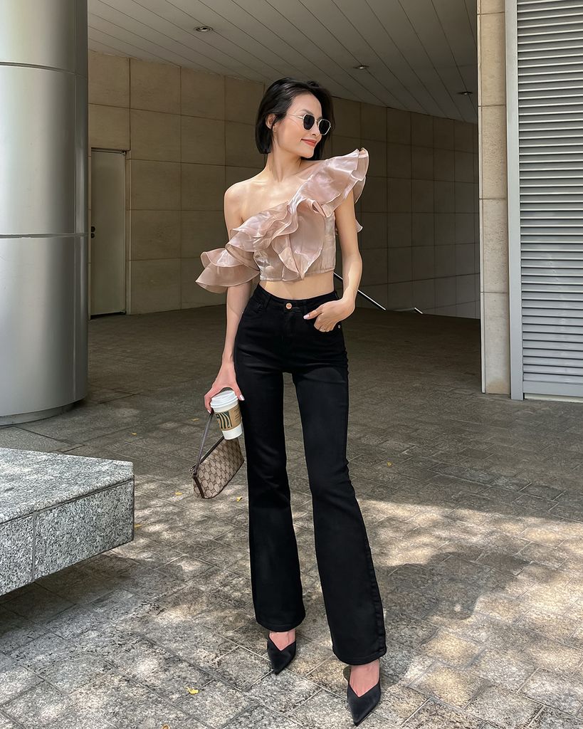 Quần jeans ống loe lưng cao form dài - HO10