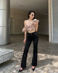 Quần jeans ống loe lưng cao form dài - HO10