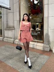 Set Tweed Áo Croptop Cổ Vuông Phối Quần - KN18