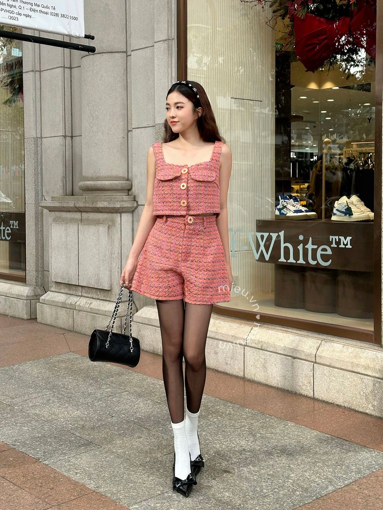 Set Tweed Áo Croptop Cổ Vuông Phối Quần - KN18