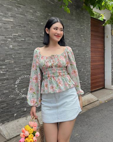 Áo voan hoa peplum cột nơ - JM04