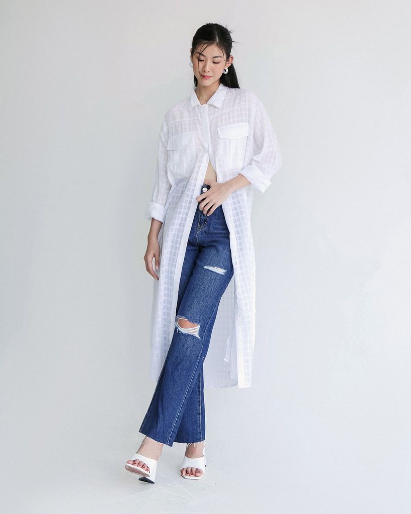 Quần jeans suông rách gối phối túi trắng - JO19