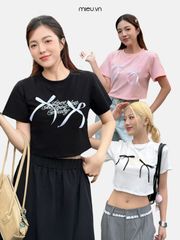 Áo Thun Croptop Cổ Tròn Đính Nơ - KD01