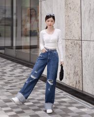 Quần jeans suông mài rách - HJN03