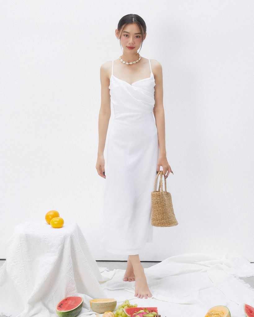 Đầm Sheath Linen Kiểu chéo ngực khoét lưng - KA15