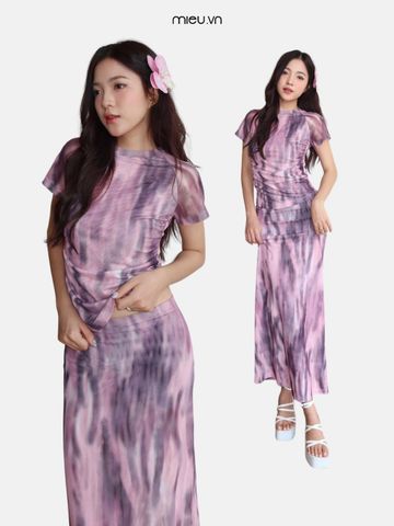 Set áo tay ngắn nữ kiểu raglan mix chân váy midi dài thun lưới màu trendy MIEU - LJ05