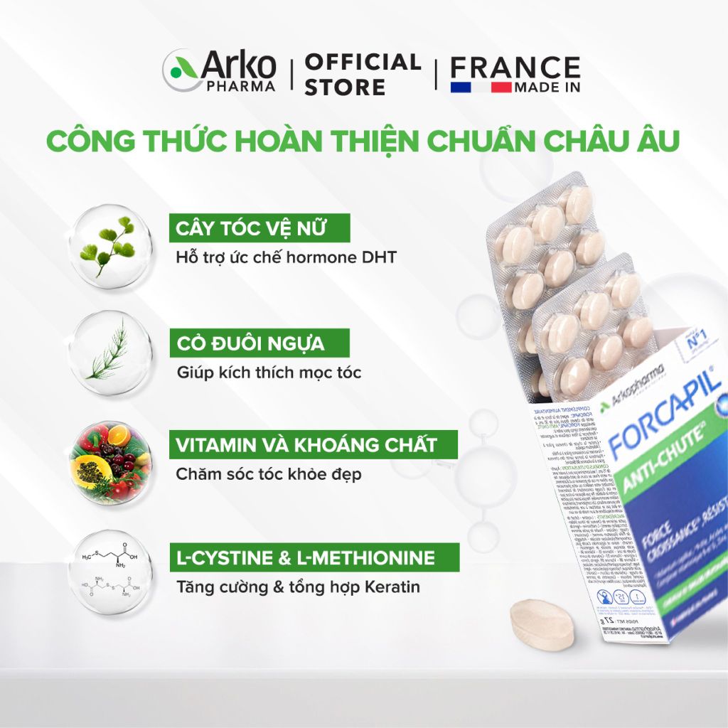 Combo 2 hộp TPBVSK Arkopharma FORCAPIL ANTICHUTE - Viên uống hỗ trợ tóc chắc khỏe, cải thiện tóc yếu, gãy rụng (Hộp 30 viên)