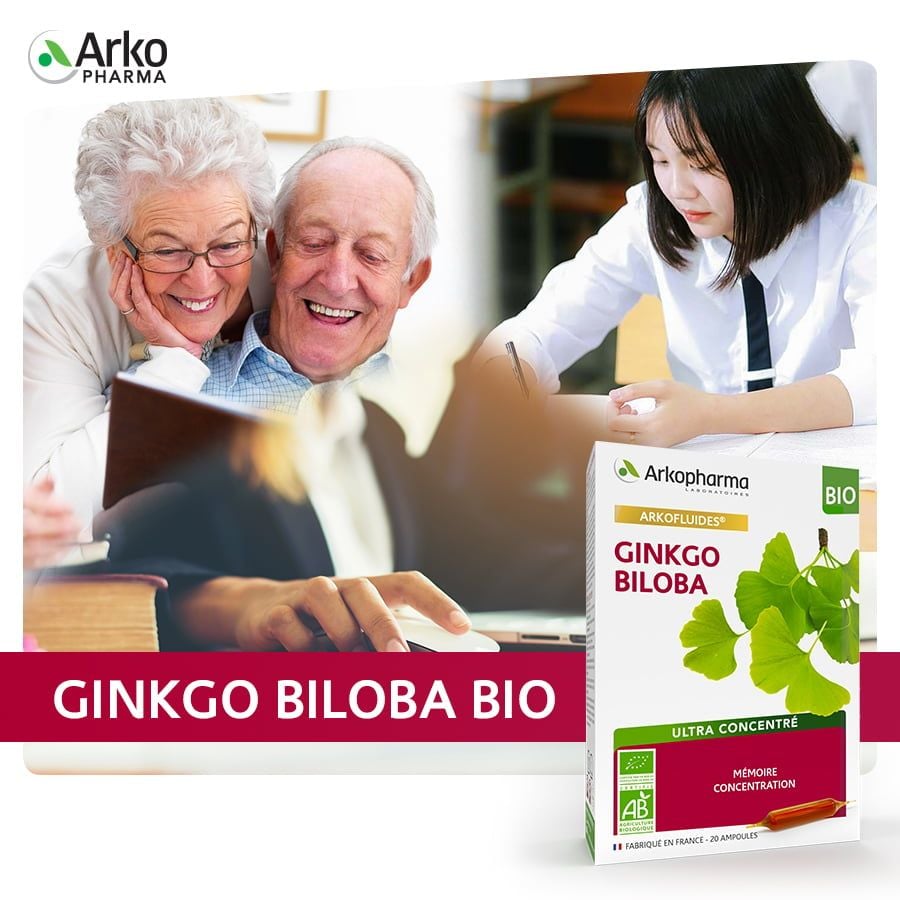 TPBVSK Arkopharma ARKOFLUIDES GINKGO BILOBA - Nước uống bổ não giúp tăng cường tuần hoàn máu não, hỗ trợ tăng cường trí nhớ (hộp 20 ống)
