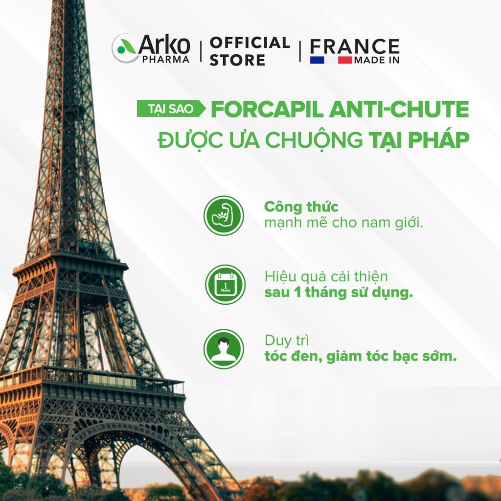 Combo 2 hộp TPBVSK Arkopharma FORCAPIL ANTICHUTE - Viên uống hỗ trợ tóc chắc khỏe, cải thiện tóc yếu, gãy rụng (Hộp 30 viên)