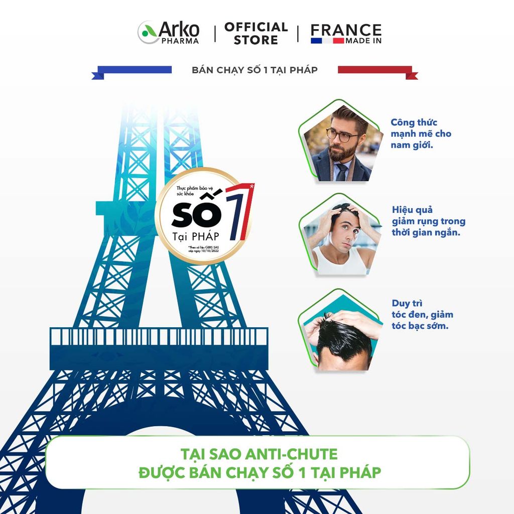 Combo 3 hộp TPBVSK Arkopharma FORCAPIL ANTICHUTE - Viên uống hỗ trợ tóc chắc khỏe, cải thiện tóc yếu, gãy rụng (Hộp 30 viên)