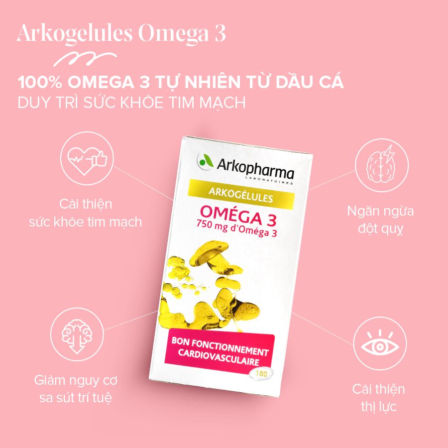 TPBVSK Arkopharma ARKOGELULES OMEGA 3 - Viên uống Omega 3 hỗ trợ tăng cường sức khỏe tim mạch (hộp 180 viên)