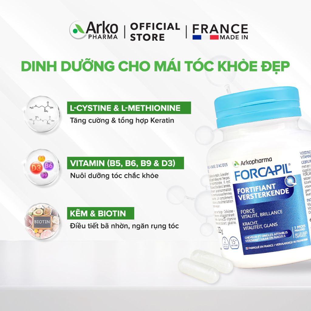 Combo 2 TPBVSK Arkopharma FORCAPIL FORTIFIANT - Viên uống hỗ trợ tóc chắc khỏe, cải thiện tóc yếu, gãy rụng (Hộp 60 viên)