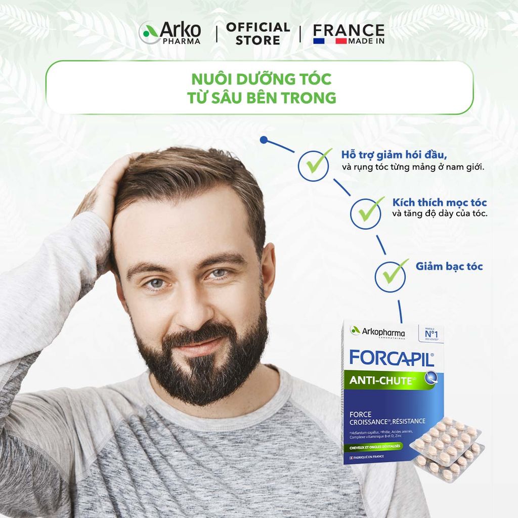 Combo 3 hộp TPBVSK Arkopharma FORCAPIL ANTICHUTE - Viên uống hỗ trợ tóc chắc khỏe, cải thiện tóc yếu, gãy rụng (Hộp 30 viên)