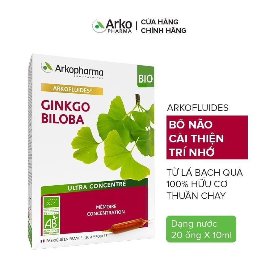 TPBVSK Arkopharma ARKOFLUIDES GINKGO BILOBA - Nước uống bổ não giúp tăng cường tuần hoàn máu não, hỗ trợ tăng cường trí nhớ (hộp 20 ống)