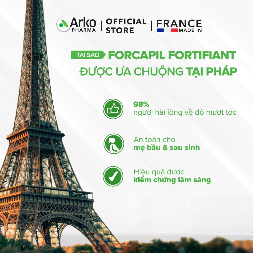 Combo 2 TPBVSK Arkopharma FORCAPIL FORTIFIANT - Viên uống hỗ trợ tóc chắc khỏe, cải thiện tóc yếu, gãy rụng (Hộp 60 viên)