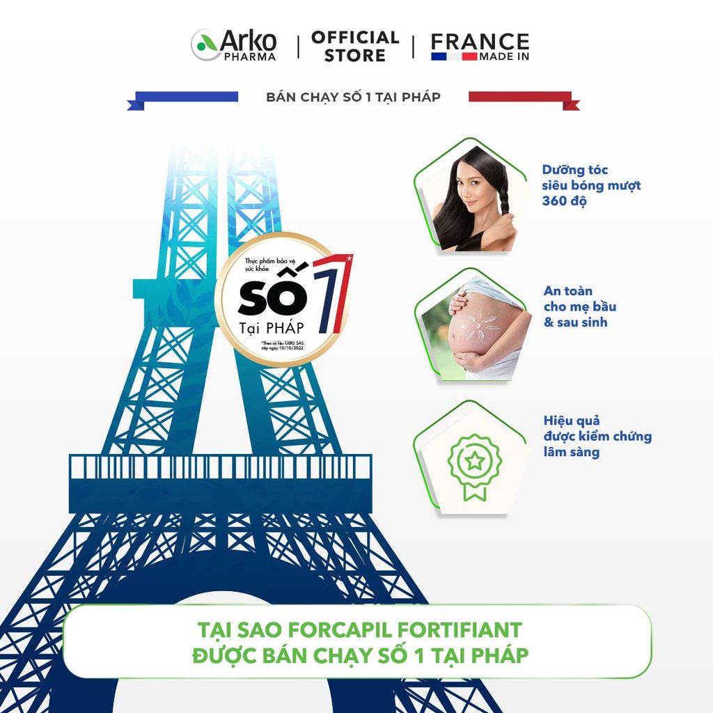 Combo 3 hộp TPBVSK Arkopharma FORCAPIL FORTIFIANT - Viên uống hỗ trợ tóc chắc khỏe, cải thiện tóc yếu, gãy rụng (Hộp 60 viên)