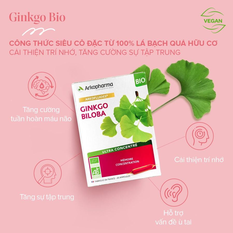 TPBVSK Arkopharma ARKOFLUIDES GINKGO BILOBA - Nước uống bổ não giúp tăng cường tuần hoàn máu não, hỗ trợ tăng cường trí nhớ (hộp 20 ống)