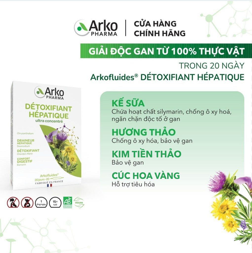 TPBVSK Arkopharma ARKOFLUIDES DETOXIFIANT HEPATIQUE - Nước uống giải độc gan, hỗ trợ tiêu hoá (Hộp 20 ống)