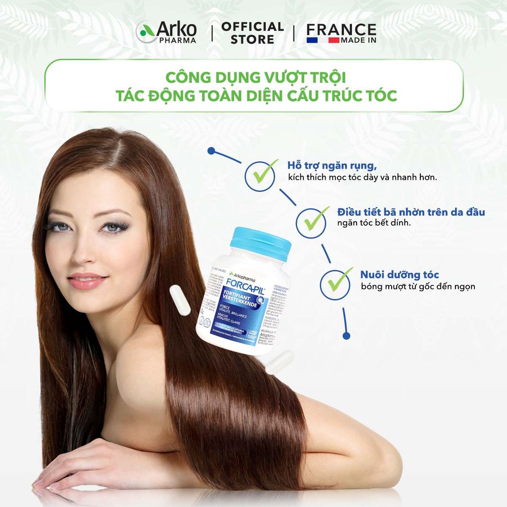 Combo 3 hộp TPBVSK Arkopharma FORCAPIL FORTIFIANT - Viên uống hỗ trợ tóc chắc khỏe, cải thiện tóc yếu, gãy rụng (Hộp 60 viên)