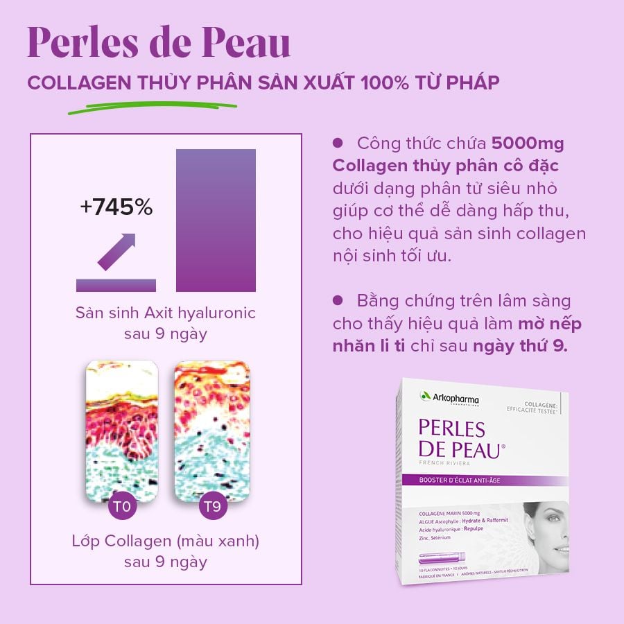 TPBVSK Arkopharma PERLES DE PEAU - Nước uống Collagen hỗ trợ dưỡng ẩm da, làm đẹp da (hộp 10 ống)