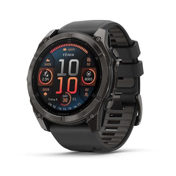 Đồng hồ Garmin Fenix 8 – 43 mm, AMOLED, Sapphire, Carbon Gray DLC Titanium with Black/Pebble Gray Silicone