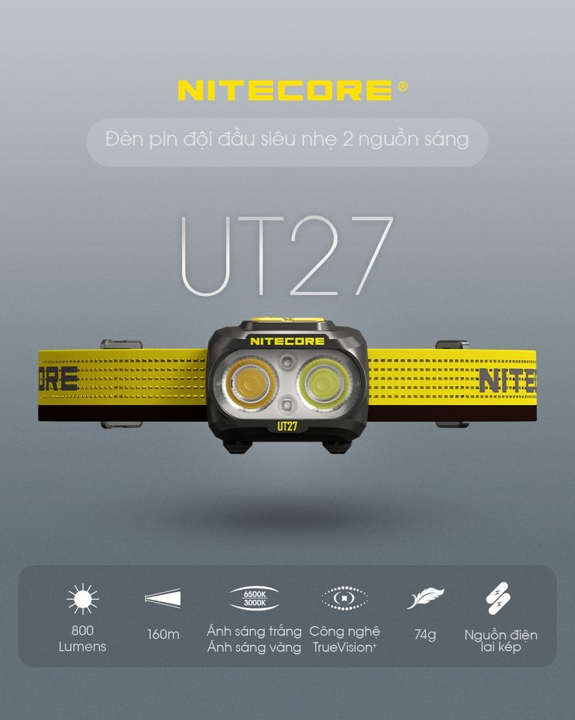 Đèn pin chạy bộ  NITECORE UT27 sáng 800 lm chiếu xa 160m pin 1300mAh USB-C