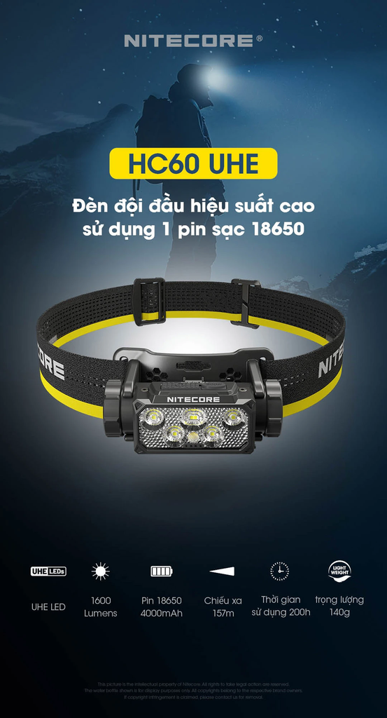 Đèn pin đội đầu Nitecore HC60 UHE độ sáng 400 lumens - chiếu xa 81m - thời gian sáng 14 giờ