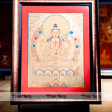  Thangka Đức Quan Âm Tứ Thủ Viền Đỏ Cam KT 44x55cm 