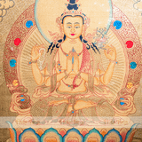  Thangka Đức Quan Âm Tứ Thủ Viền Đỏ Cam KT 44x55cm 