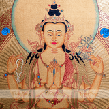  Thangka Đức Quan Âm Tứ Thủ Viền Đỏ Cam KT 44x55cm 