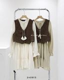  Set đầm babydoll phối gile nâu 2421 