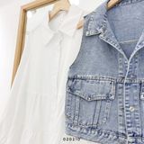  Đầm SM trắng + gile jean túi hộp 386 