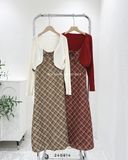  Set đầm dây caro + cardigan len 1442 
