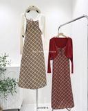  Set đầm dây caro + cardigan len 1442 