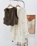  Set đầm babydoll phối gile nâu 2421 