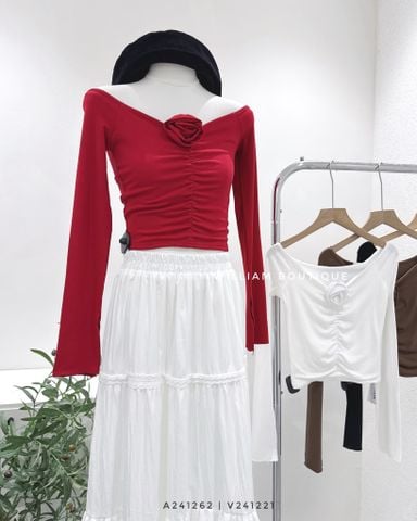  Áo trễ vai nhún đính bông tay dài 6676 