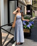  Đầm quây caro xanh viền ren 1190 