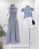  Đầm caro xanh bo nhún 8585 